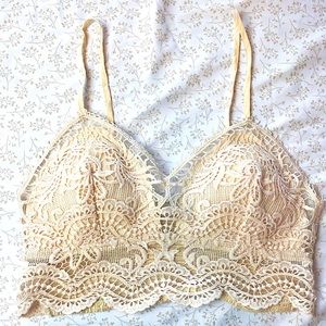 LOVE TREE Nude Long Line Crochet Lace Embroidered Bralette MEDIUM Strappy EUC